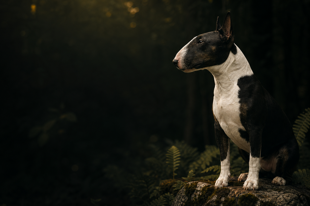 Miniatur Bullterrier Portrait sitzend auf Stein im Wald, of Frisian Orchard